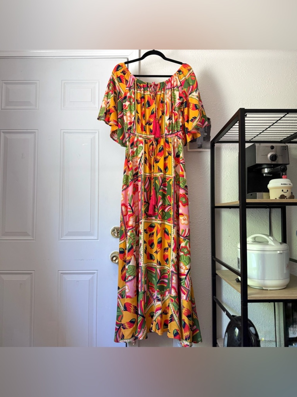 NWT LABEL OF‎ LOVE multicolor patchwork floral tropical bird off shoulder maxi